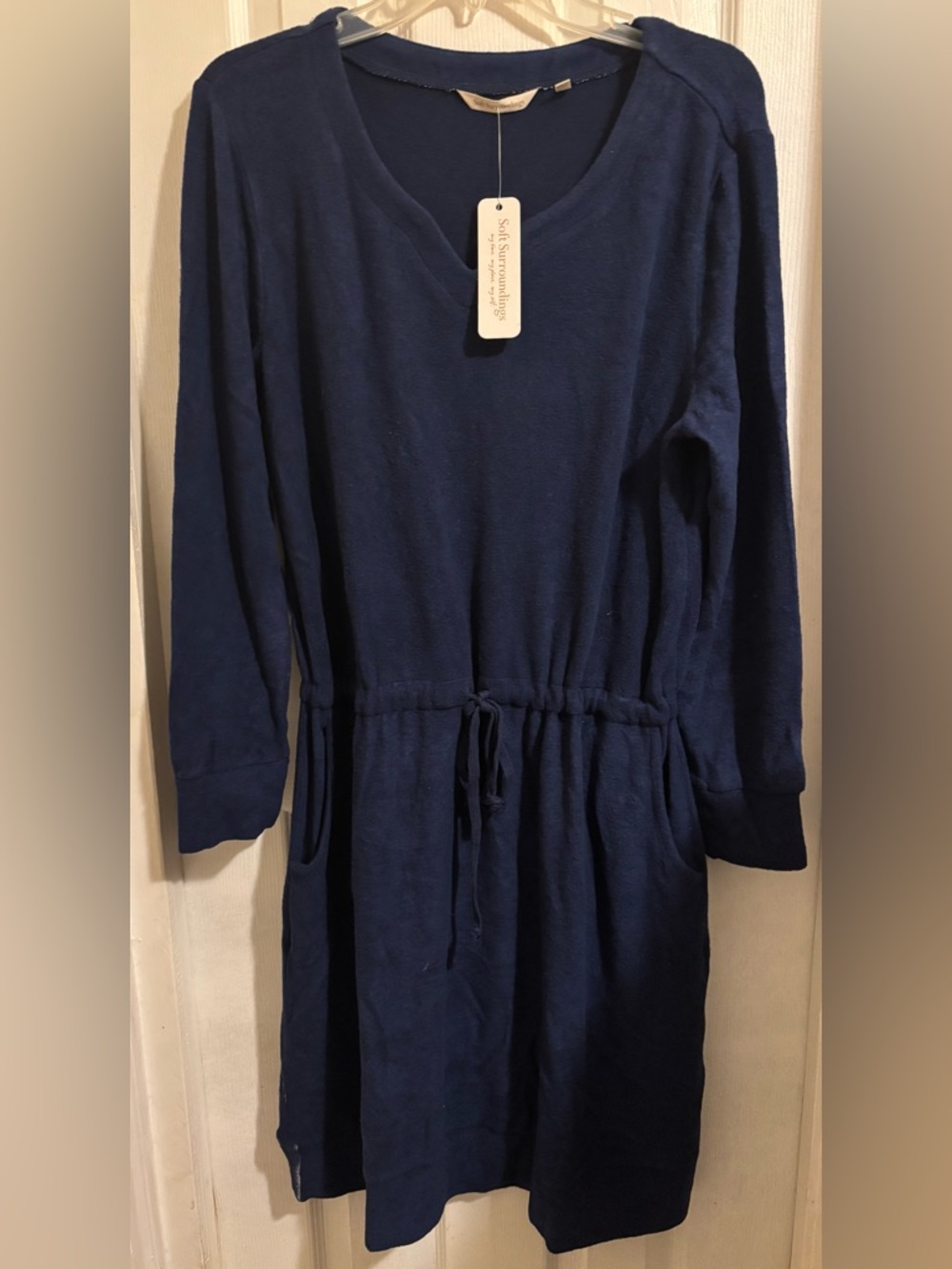 NWT Soft Surroundings Navy V-Neck Drawstring Fleece Dress Large